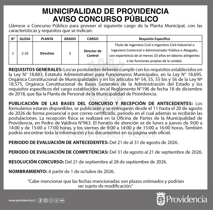 Concurso Público para proveer cargo de la Planta Directivo de la Municipalidad de Providencia